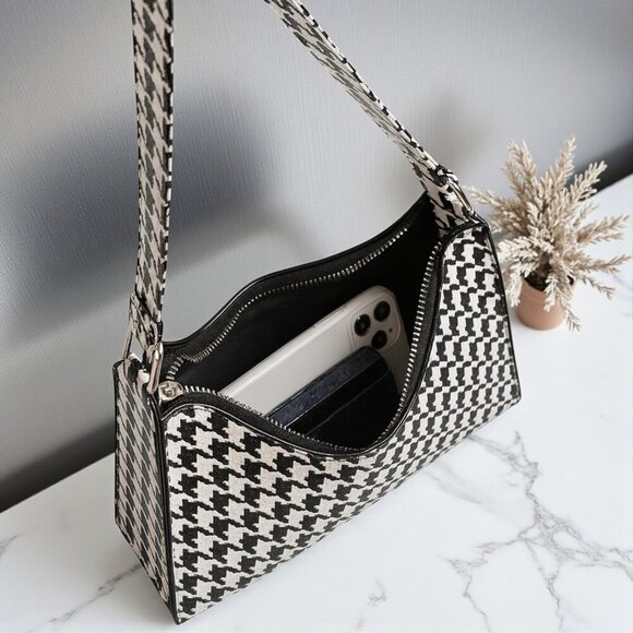 Trendy Houndstooth Shoulder Baguette Bag PU Leather Classic Black White - Picture 8 of 11